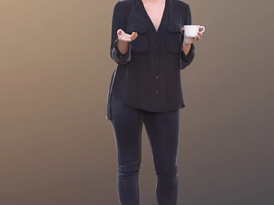 A Woman Wearing Dark Shirt And Dark Pants Holding White Cup And Gesturing With Hand 3d model