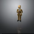 Elderly Man Figurine Standing in Brown Suit Holding Small Bird with Glasses