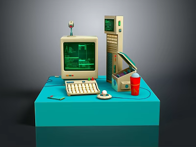 Vintage Computer Setup With Monitor Keyboard Printer And Soda Bottle On Blue Platform 3d model