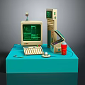 Vintage Computer Setup With Monitor Keyboard Printer And Soda Bottle On Blue Platform
