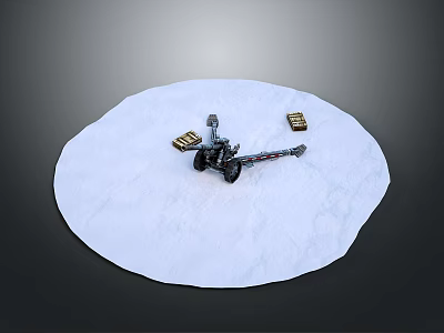 Black Artillery Cannon Placed on White Circular Platform with Golden Boxes 3d model