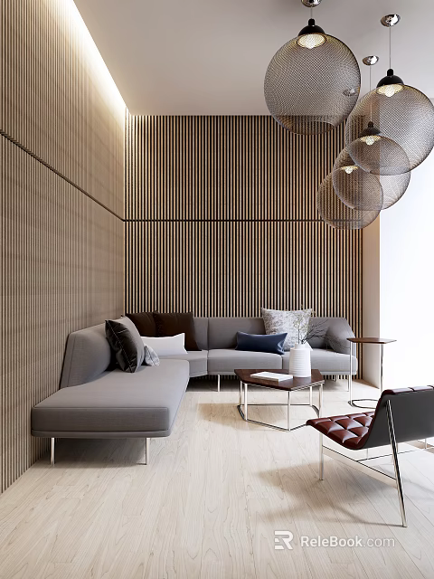 Modern Living Room Gray Sofa Coffee Table with Cushions Wooden Striped Wall and Pendant Lights 3d model 