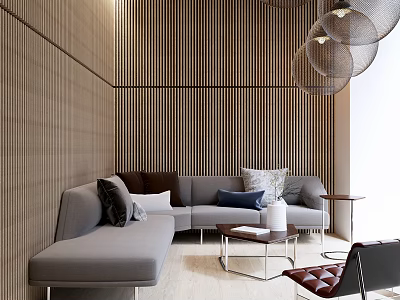 Modern Living Room Gray Sofa Coffee Table with Cushions Wooden Striped Wall and Pendant Lights 3d model