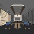 Modern Conference Room Interior With Long Wooden Table Blue Chairs And Large Windows