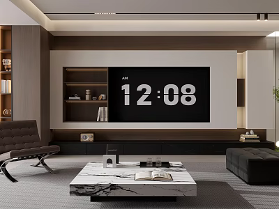 Modern Living and Dining Room Interior With TV Wall Bookshelf And Coffee Table 3d model