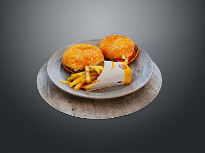 Two Delicious Grilled Burgers With Crispy French Fries On Rustic Plate 3d model