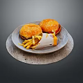 Two Delicious Grilled Burgers With Crispy French Fries On Rustic Plate