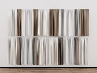 Various Stripe Pattern Curtains White Brown Grey Samples Arranged On White Wall With Wooden Floor 3d model