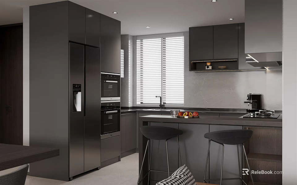 Contemporary Dark Kitchen Interior With Black Cabinets And Bar Stools 3d model