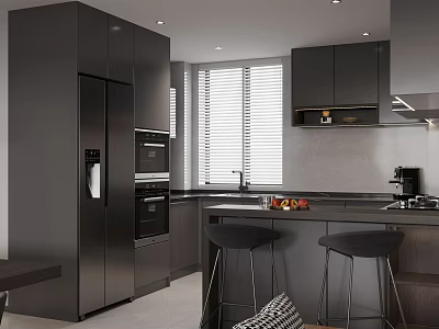 Contemporary Dark Kitchen Interior With Black Cabinets And Bar Stools 3d model