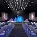 Elegant Event Venue With Starry Ceiling Mountain Shaped Decor Calligraphy Scrolls Blue Floral Dining Setup