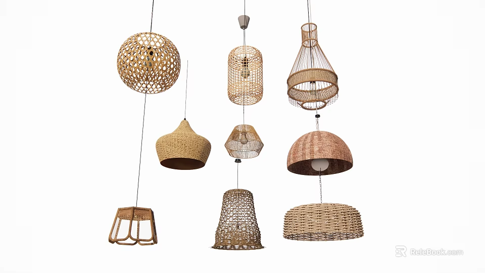 Woven Rattan Chandeliers With Various Handmade Designs For Home Lighting Decor 3d model 