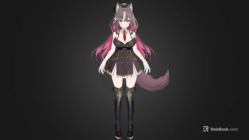 Woman with Cat Ears and Tail in Black Dress Pink Purple Hair Knee High Boots 3d model 