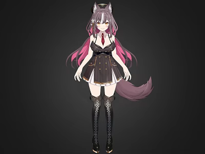 Woman with Cat Ears and Tail in Black Dress Pink Purple Hair Knee High Boots 3d model
