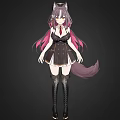 Woman with Cat Ears and Tail in Black Dress Pink Purple Hair Knee High Boots
