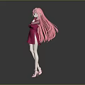 Game Movie Female Character With Pink Long Hair In Red Dress And High Heels Pose