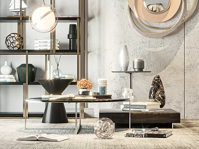 Elegant Modern Living Room Coffee Table With Metal Frame And Decorative Items 3d model