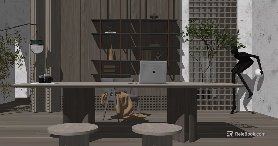 Wooden Study Desk With Laptop Bookshelf Green Plant And Round Stools 3d model 