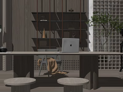 Wooden Study Desk With Laptop Bookshelf Green Plant And Round Stools 3d model