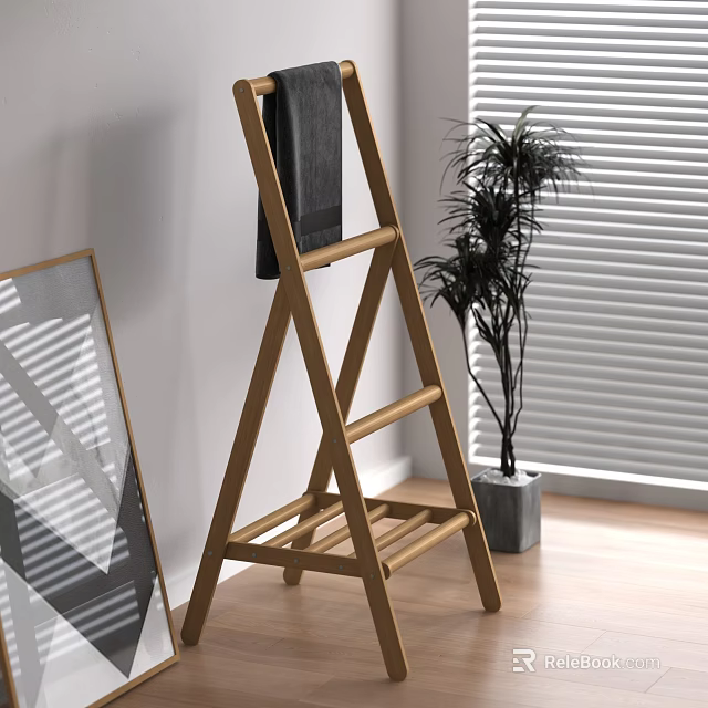 Modern Wooden Ladder Style Bathroom Shelf with Towel and Potted Plant in Interior 3d model 