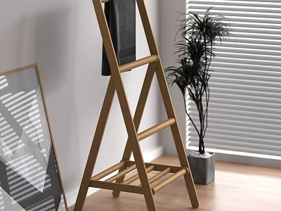Modern Wooden Ladder Style Bathroom Shelf with Towel and Potted Plant in Interior 3d model