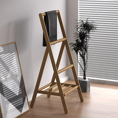 Modern Wooden Ladder Style Bathroom Shelf with Towel and Potted Plant in Interior 3d model