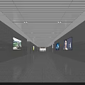 Modern Station Corridor With Gray Walls Multiple Billboards Striped Ceiling And Gray Tile Floor 3d model
