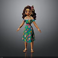 Cartoon Female Character With Long Brown Hair Pink Flower Hairpiece Turquoise Floral Dress Sandals