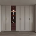 Modern Luxury Wardrobe With White Panels Dark Brown Open Shelf Drawers And Gold Handles