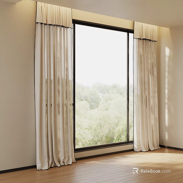 Soft Beige Floor Length Curtains Framing Window With Natural Light And Trees 3d model 