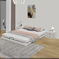 Modern Minimalist Double Bed with LED Lighting Nightstands and Wall Art on Wooden Floor