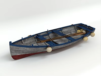 Wooden Boat with Blue Hull Red Bottom White Buoys and Wooden Oars on White Background 3d model