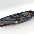 Wooden Boat with Blue Hull Red Bottom White Buoys and Wooden Oars on White Background