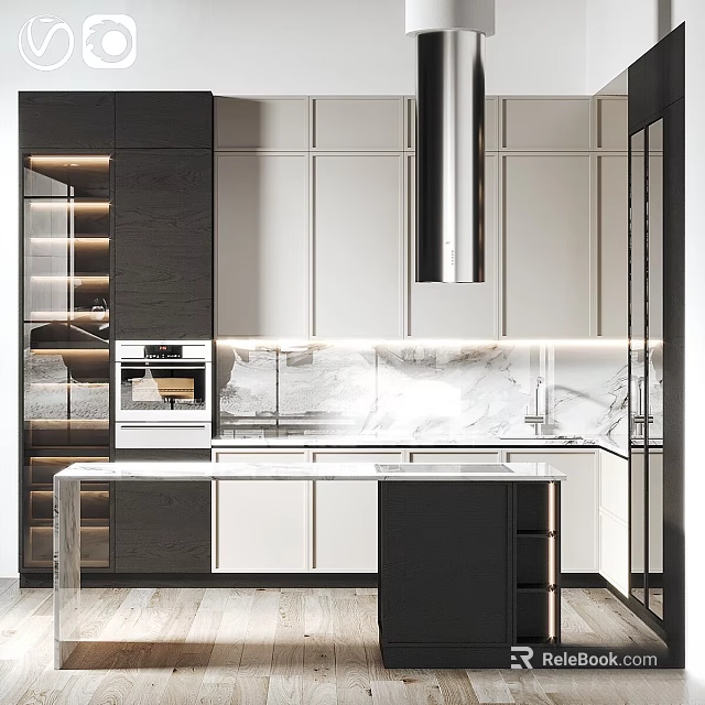 Modern Kitchen With Black And White Cabinets Marble Countertop And Built in Lighting 3d model 