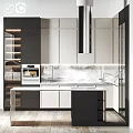 Modern Kitchen With Black And White Cabinets Marble Countertop And Built in Lighting