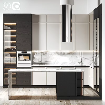 Modern Kitchen With Black And White Cabinets Marble Countertop And Built in Lighting 3d model