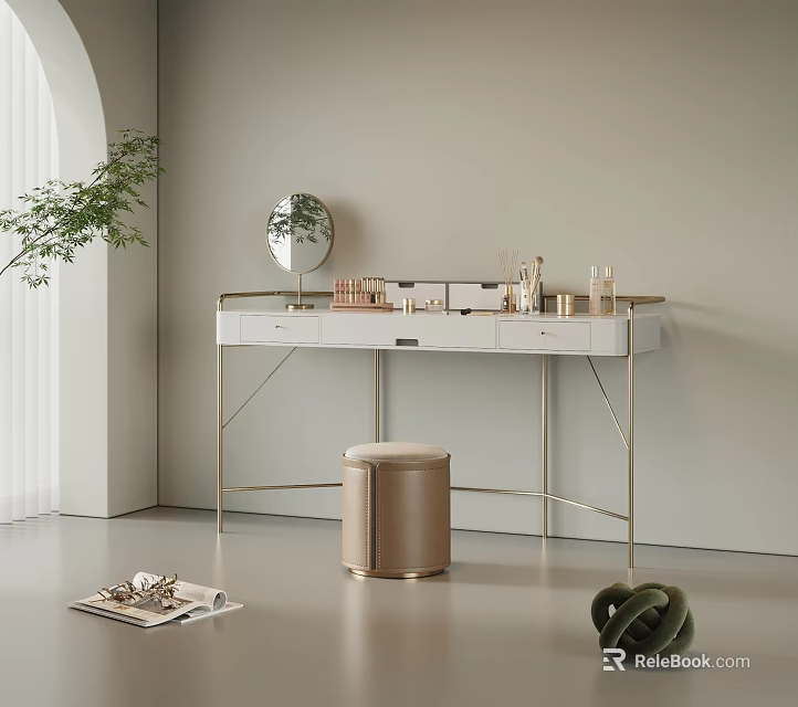 Elegant Modern Dressing Table With White Countertop Gold Frame Round Mirror And Beige Stool 3d model