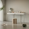 Elegant Modern Dressing Table With White Countertop Gold Frame Round Mirror And Beige Stool 3d model