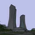 Modern Twin Office Building Skyscrapers With Unique Curved Glass Facade And Greenery