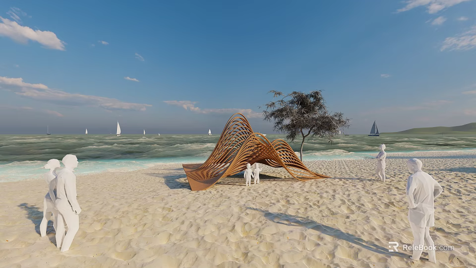 Curved Wooden Pergola On Sandy Beach With Ocean View Blue Sky And Sailboats 3d model 
