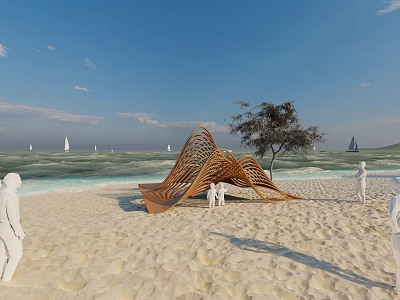 Curved Wooden Pergola On Sandy Beach With Ocean View Blue Sky And Sailboats 3d model