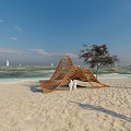 Curved Wooden Pergola On Sandy Beach With Ocean View Blue Sky And Sailboats