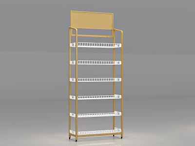 Multi Tier Retail Display Shelving Unit With Gold Frame White Shelves And Top Signboard For Products 3d model