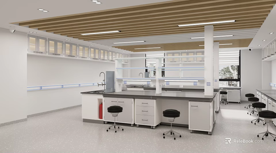 Modern Laboratory Interior Design With Lab Benches Black Stools And Overhead Lighting 3d model