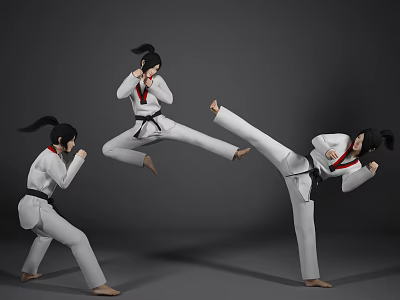 Women In White Taekwondo Uniforms Performing Kicks Punches And Jumps On Grey Background 3d model