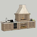 Garden Outdoor Kitchen With Brick Fireplace Sink Cabinets Wine Bottles And Firewood