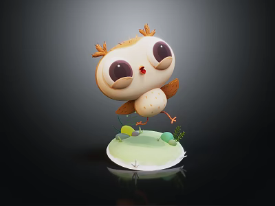 Cute Cartoon Bird Character With Big Eyes Feather Details Green Base And Small Plants 3d model