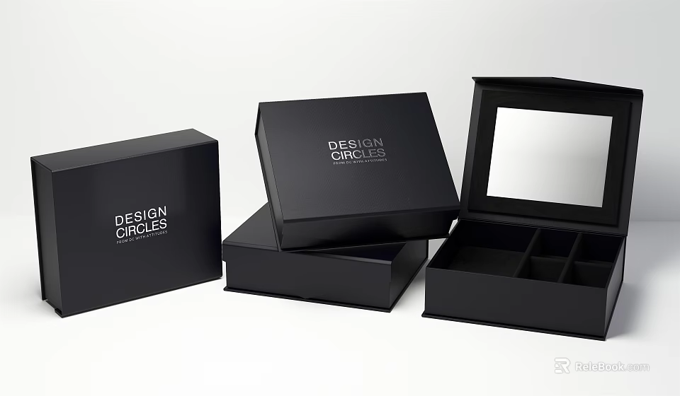 Design Circles Black Jewelry Display Set With Open Closed Boxes Compartments And Mirrored Case 3d model 