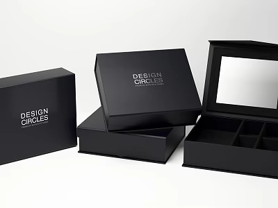 Design Circles Black Jewelry Display Set With Open Closed Boxes Compartments And Mirrored Case 3d model