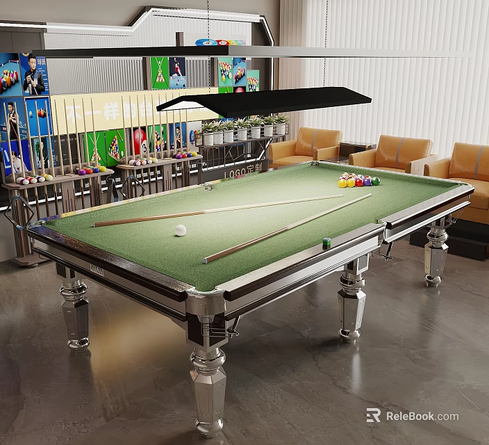 Modern Billiard Room Interior With Green Felt Table Billiard Balls Cues And Comfortable Armchairs 3d model 